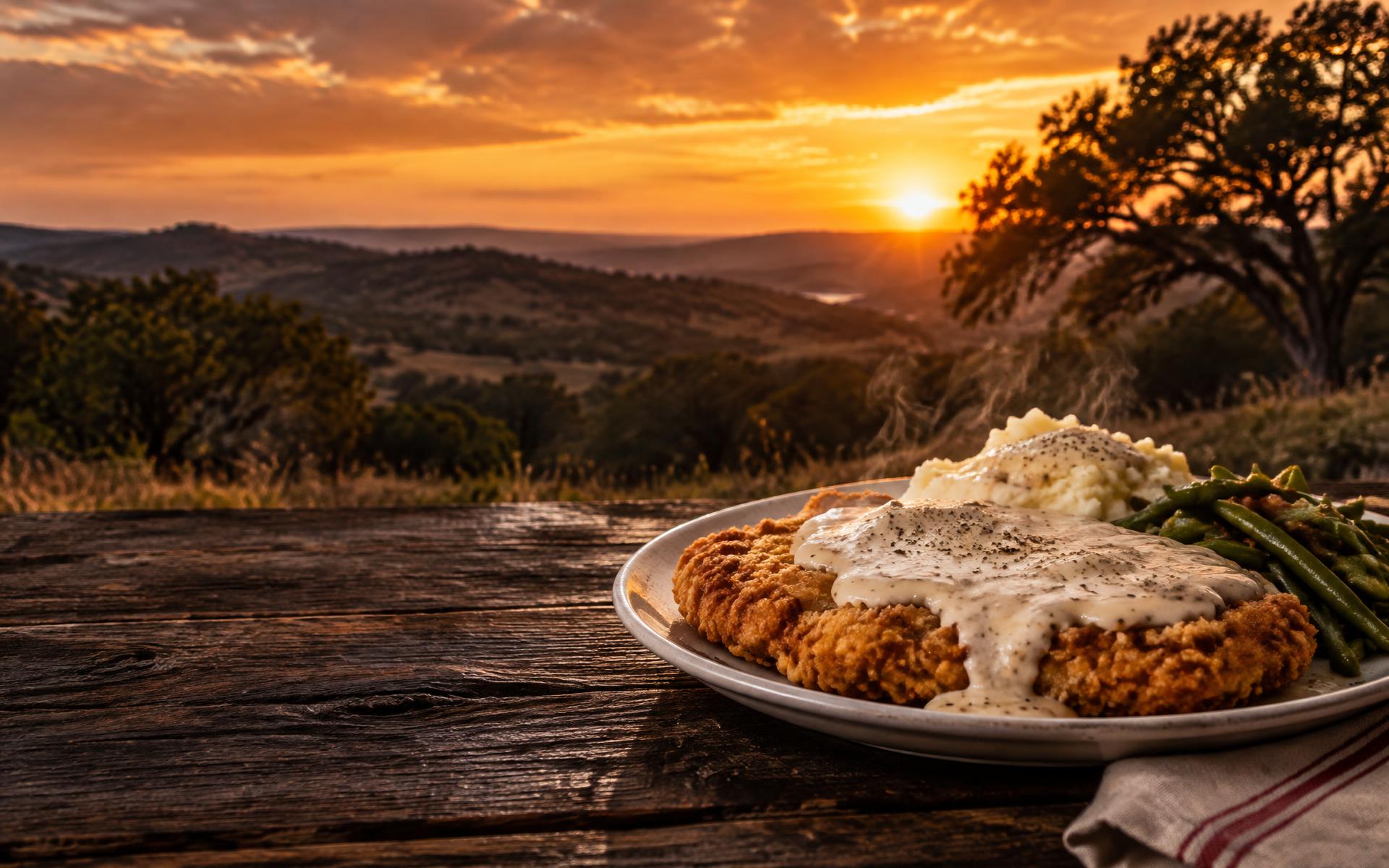 Chicken fried steak overlooking the Texas Hill Country at sunset